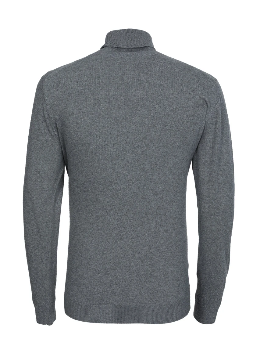 Gri Tam Balıkçı Yaka Düz Örgü Pamuk Karışımlı Triko Kazak - 7