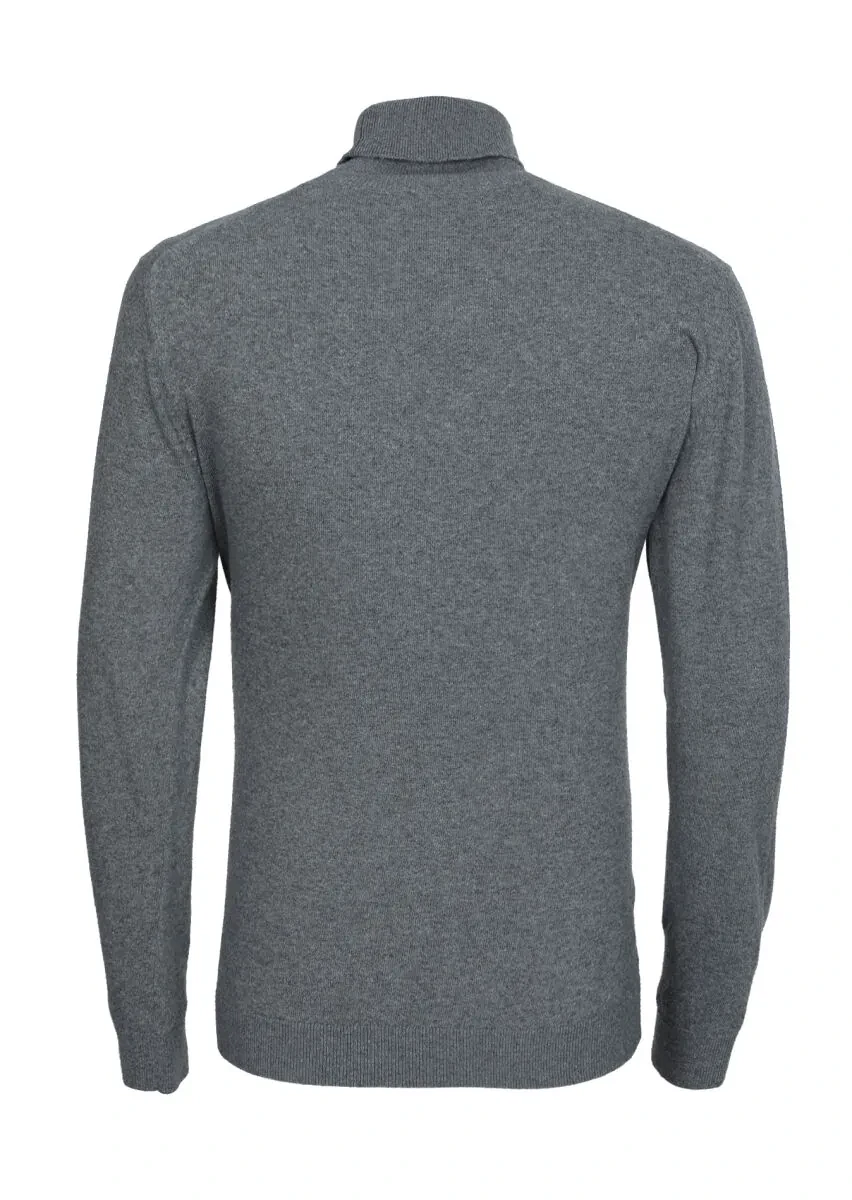 Gri Tam Balıkçı Yaka Düz Örgü Pamuk Karışımlı Triko Kazak - 7