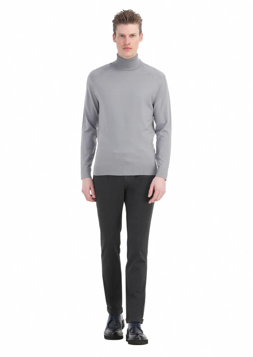 Gri Tam Balıkçı Yaka Düz Örgü Triko Kazak 