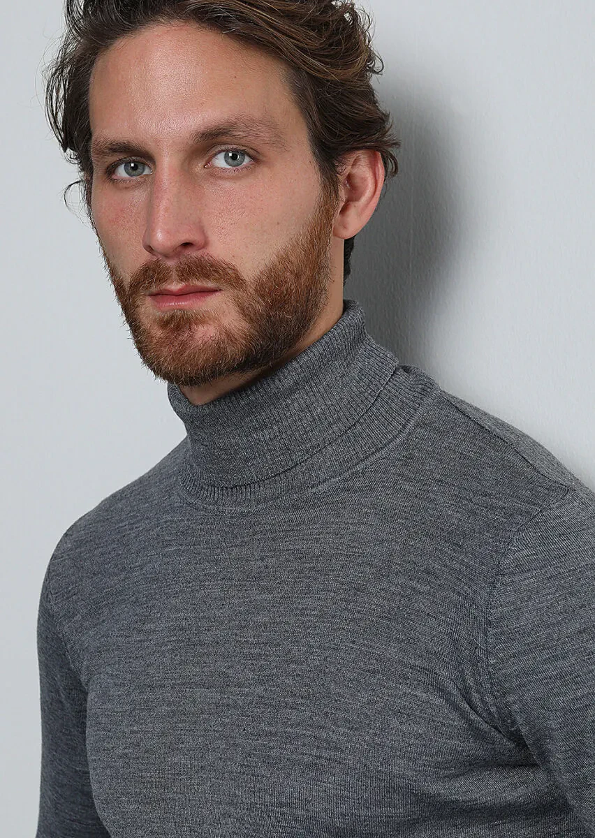 Gri Tam Balıkçı Yaka Düz Örgü Yün Karışımlı Triko Kazak - 2