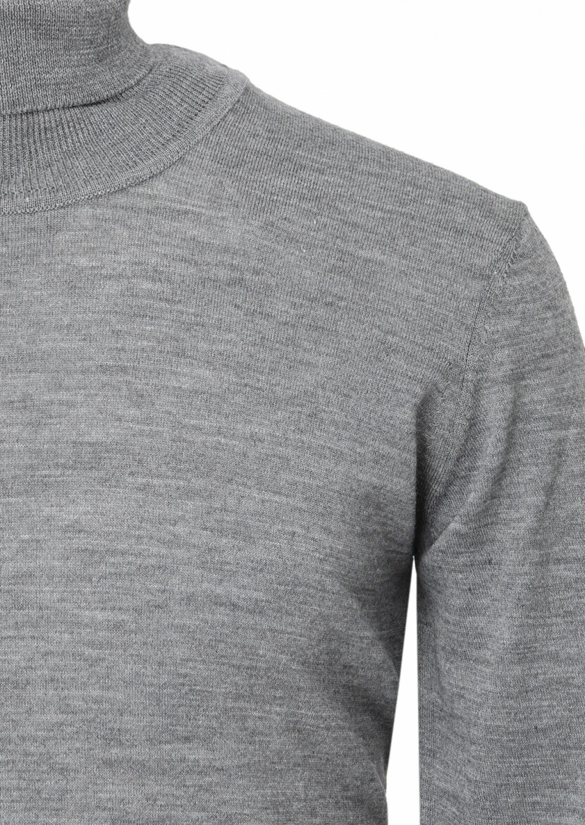 Gri Tam Balıkçı Yaka Düz Örgü Yün Karışımlı Triko Kazak 