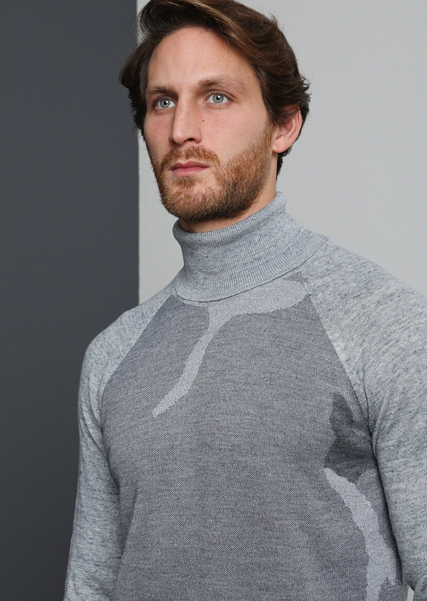 Gri Tam Balıkçı Yaka Jakarlı Yün Karışımlı Triko Kazak - 1