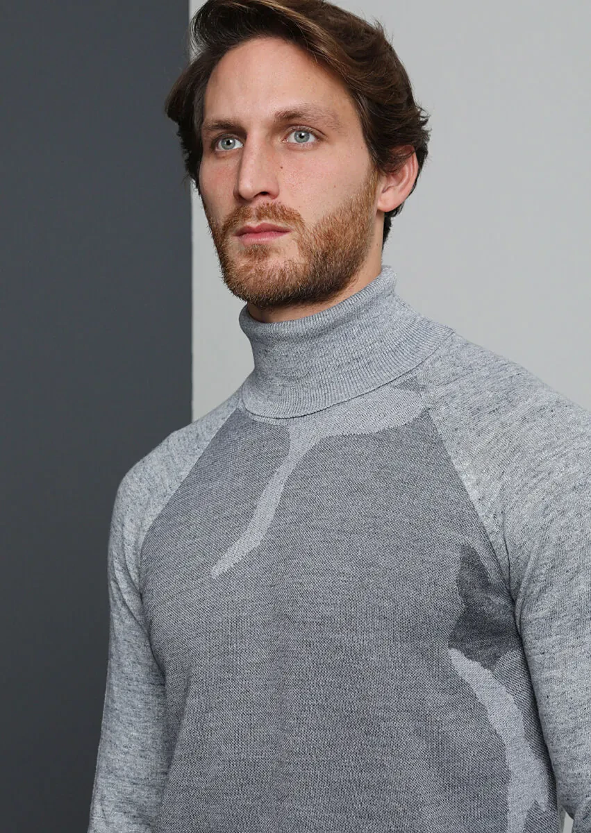 Gri Tam Balıkçı Yaka Jakarlı Yün Karışımlı Triko Kazak - 1