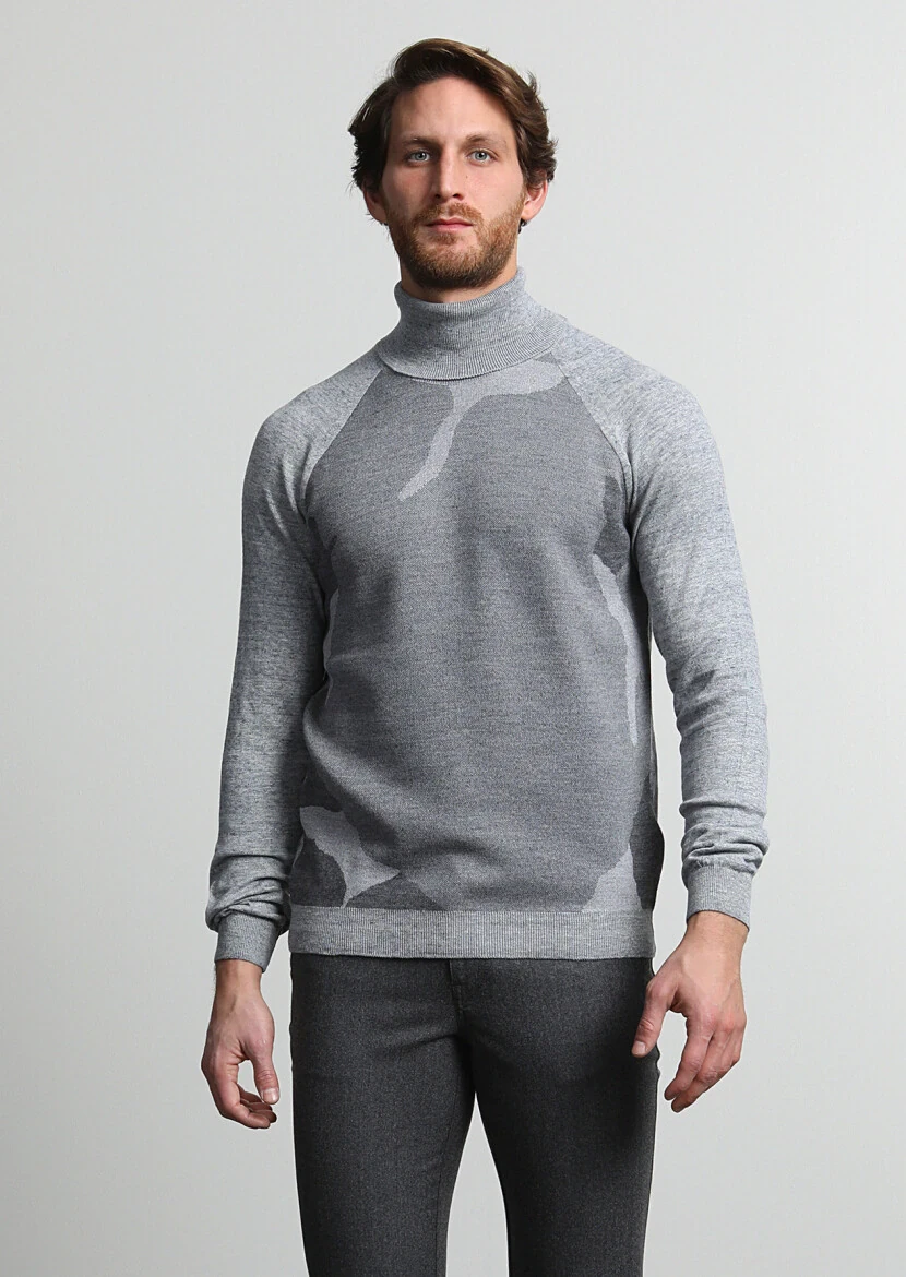 Gri Tam Balıkçı Yaka Jakarlı Yün Karışımlı Triko Kazak - 2