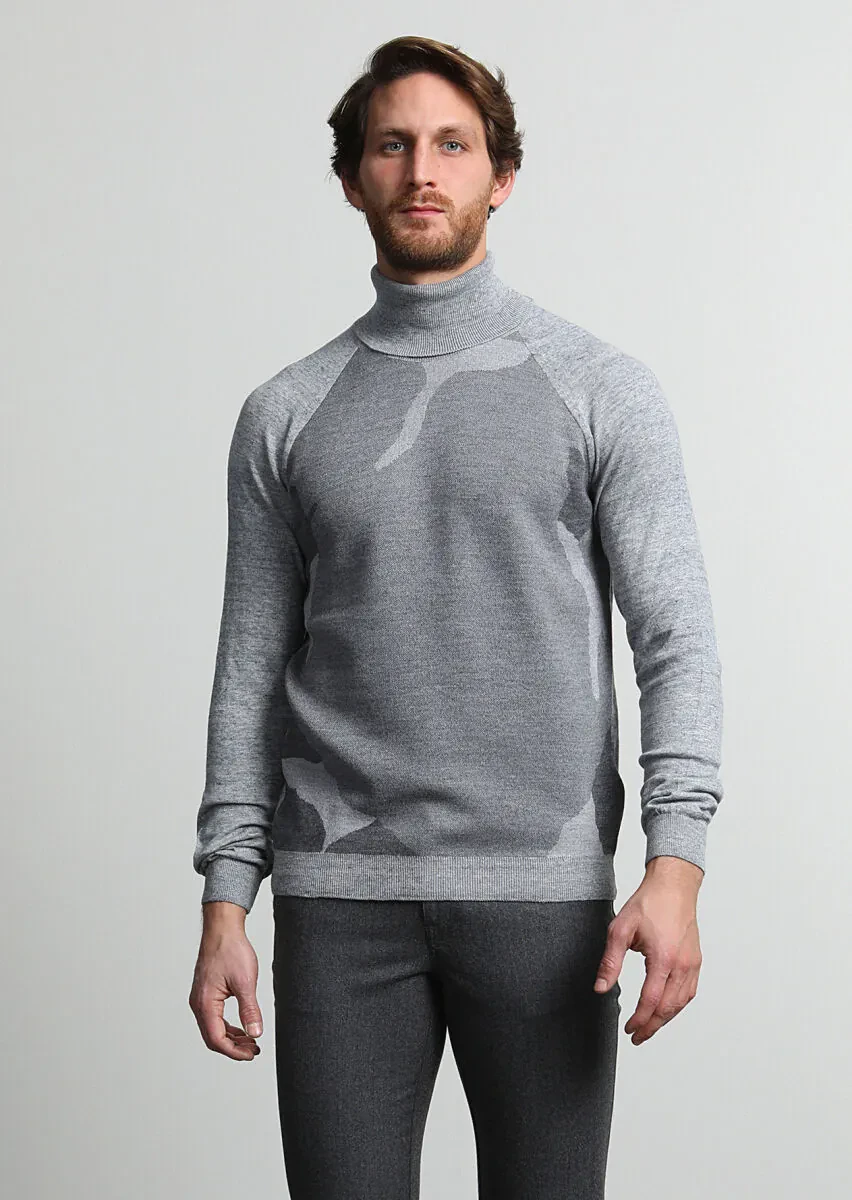 Gri Tam Balıkçı Yaka Jakarlı Yün Karışımlı Triko Kazak - 2