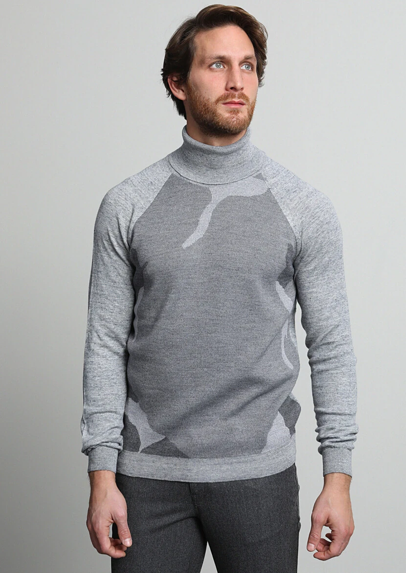 Gri Tam Balıkçı Yaka Jakarlı Yün Karışımlı Triko Kazak - 3