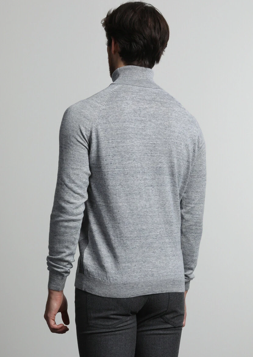 Gri Tam Balıkçı Yaka Jakarlı Yün Karışımlı Triko Kazak - 4