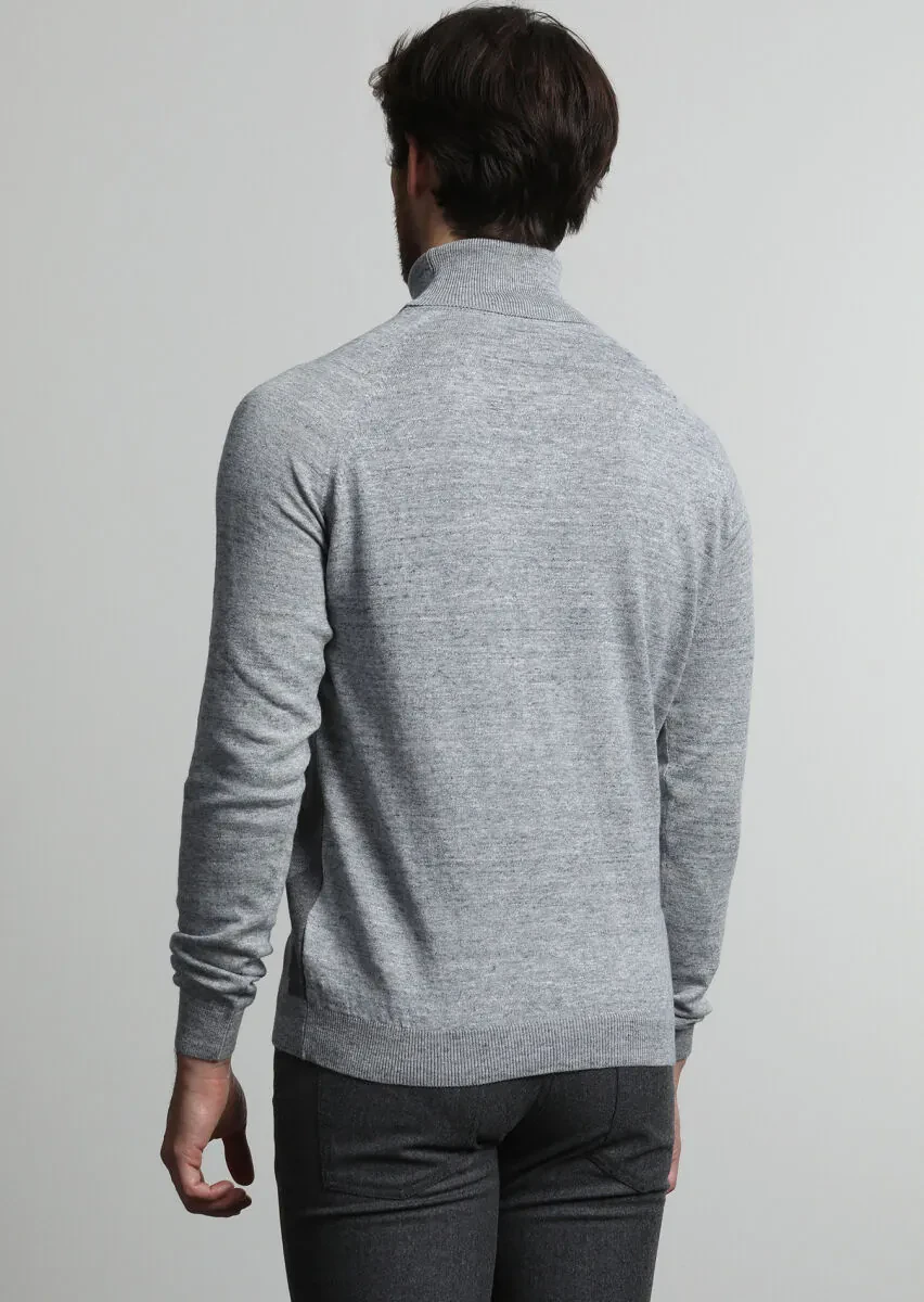 Gri Tam Balıkçı Yaka Jakarlı Yün Karışımlı Triko Kazak - 4