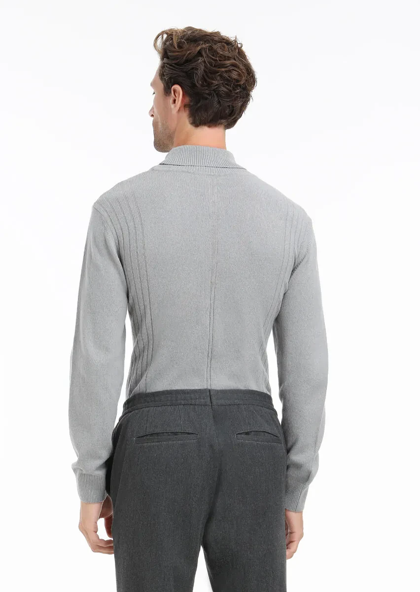 Gri Tam Balıkçı Yaka Jakarlı Yün Karışımlı Triko Kazak - 5