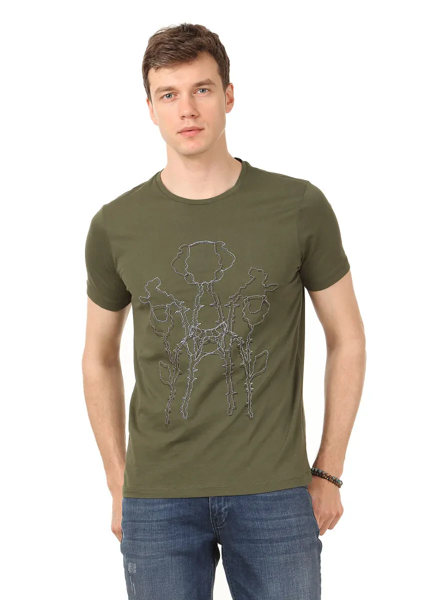 Haki Baskılı %100 Pamuk T-Shirt - 1