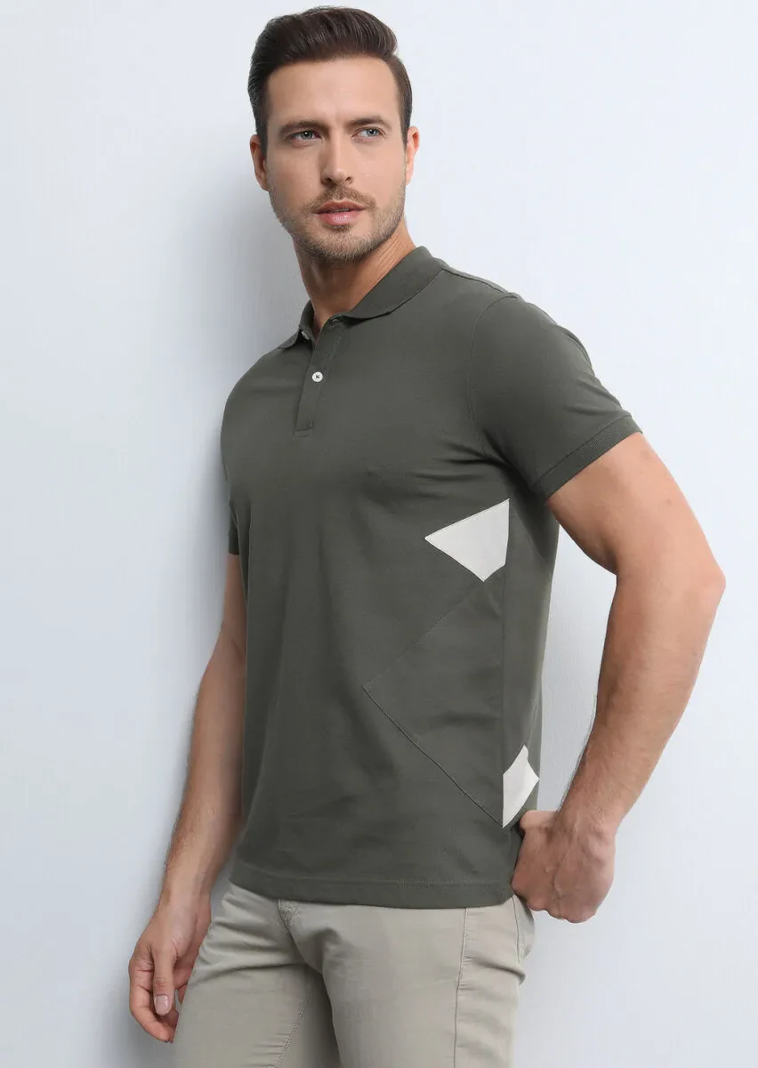Haki Baskılı Polo Yaka %100 Pamuk T-Shirt - 1