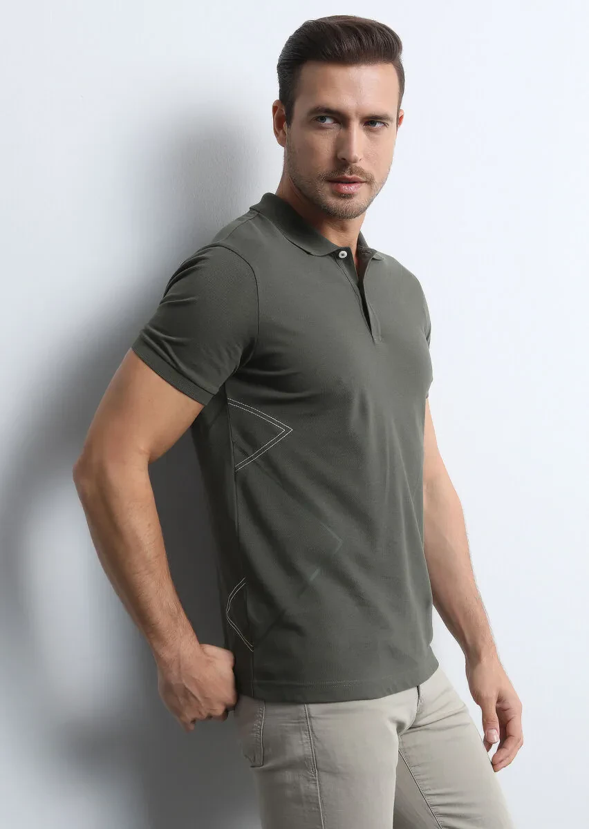 Haki Baskılı Polo Yaka %100 Pamuk T-Shirt - 2