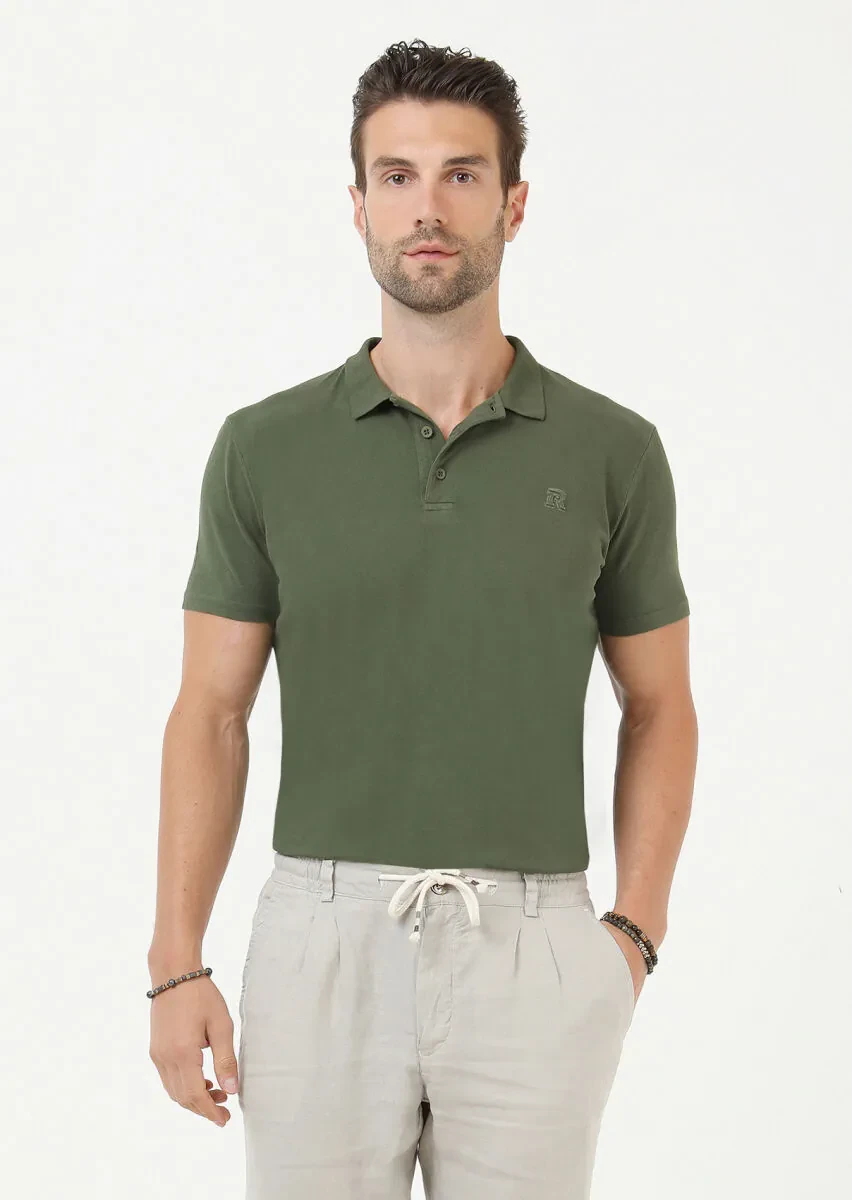 Haki Baskılı Polo Yaka %100 Pamuk T-Shirt - 1