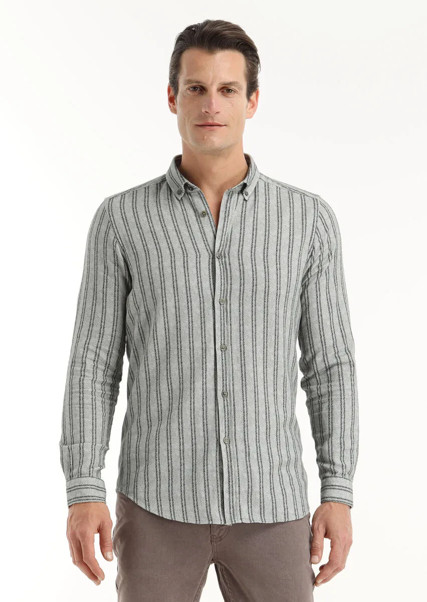 Haki Baskılı Regular Fit Dokuma Casual %100 Pamuk Gömlek - 2