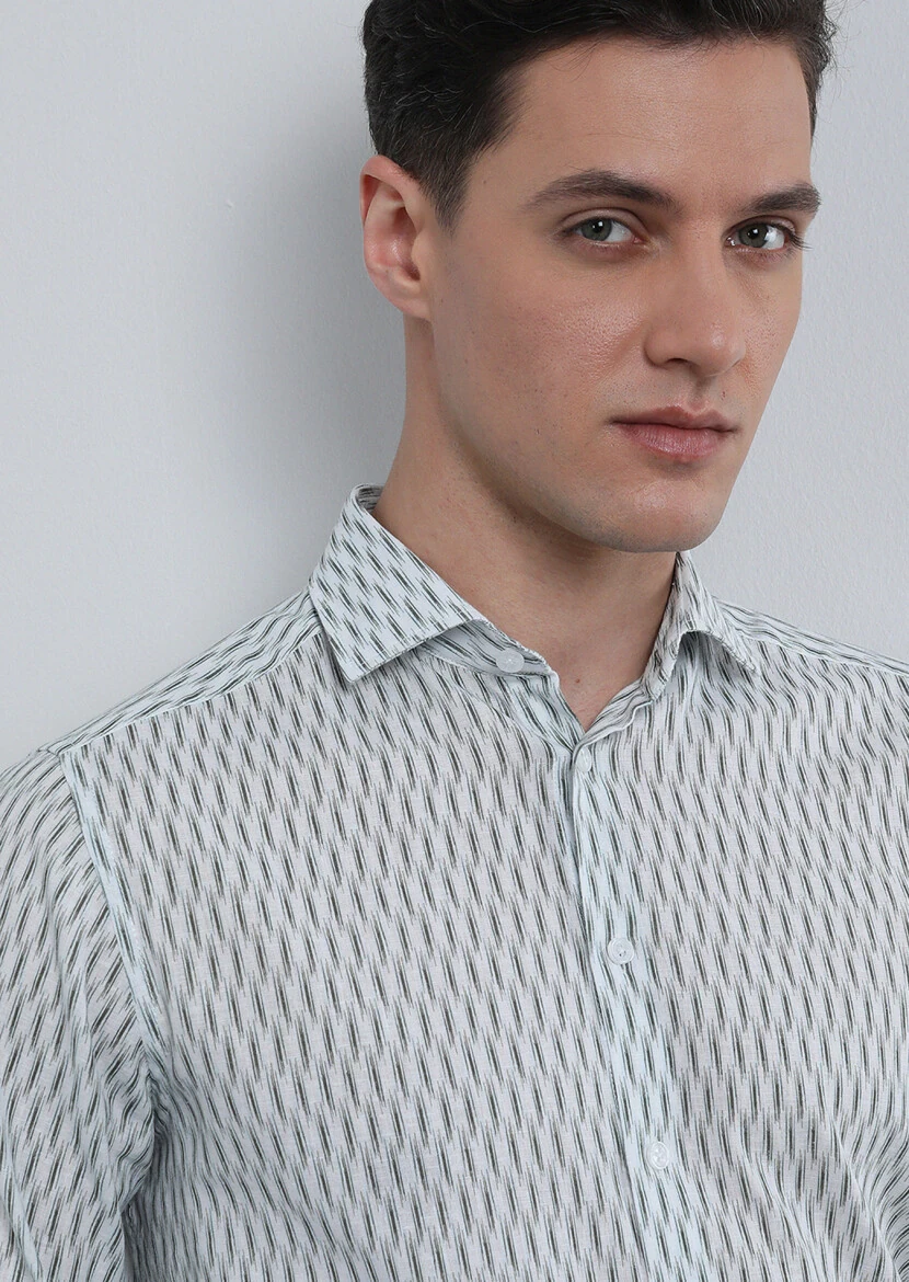 Haki Baskılı Regular Fit Dokuma Casual Pamuk Karışımlı Gömlek 