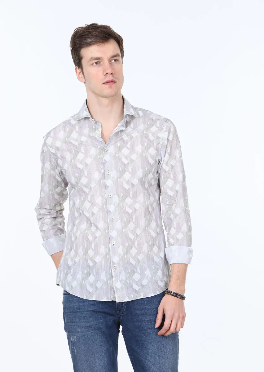 Haki Baskılı Slim Fit Dokuma Casual %100 Pamuk Gömlek - 1