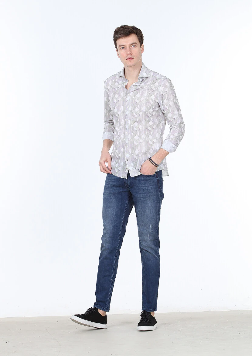Haki Baskılı Slim Fit Dokuma Casual %100 Pamuk Gömlek - 2