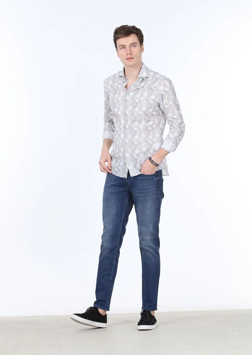 Haki Baskılı Slim Fit Dokuma Casual %100 Pamuk Gömlek - 2