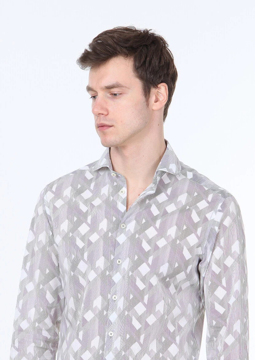 Haki Baskılı Slim Fit Dokuma Casual %100 Pamuk Gömlek - 3