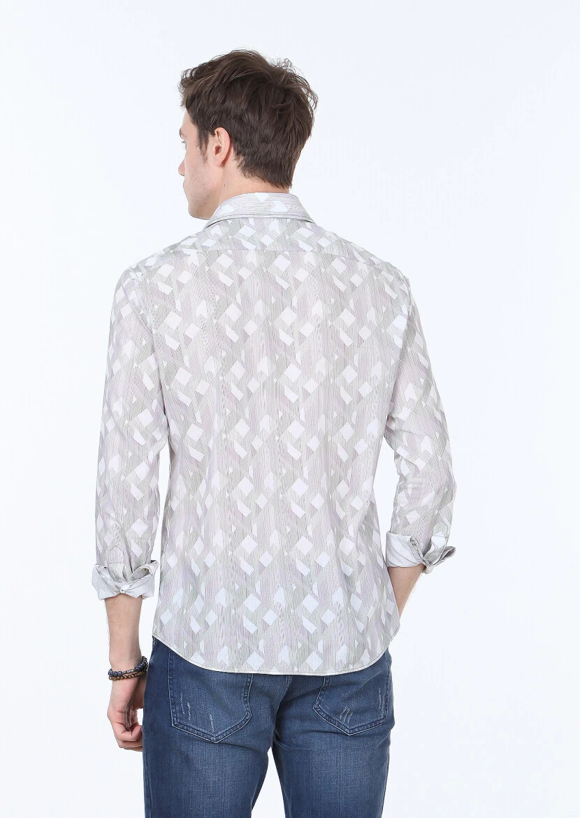 Haki Baskılı Slim Fit Dokuma Casual %100 Pamuk Gömlek - 4