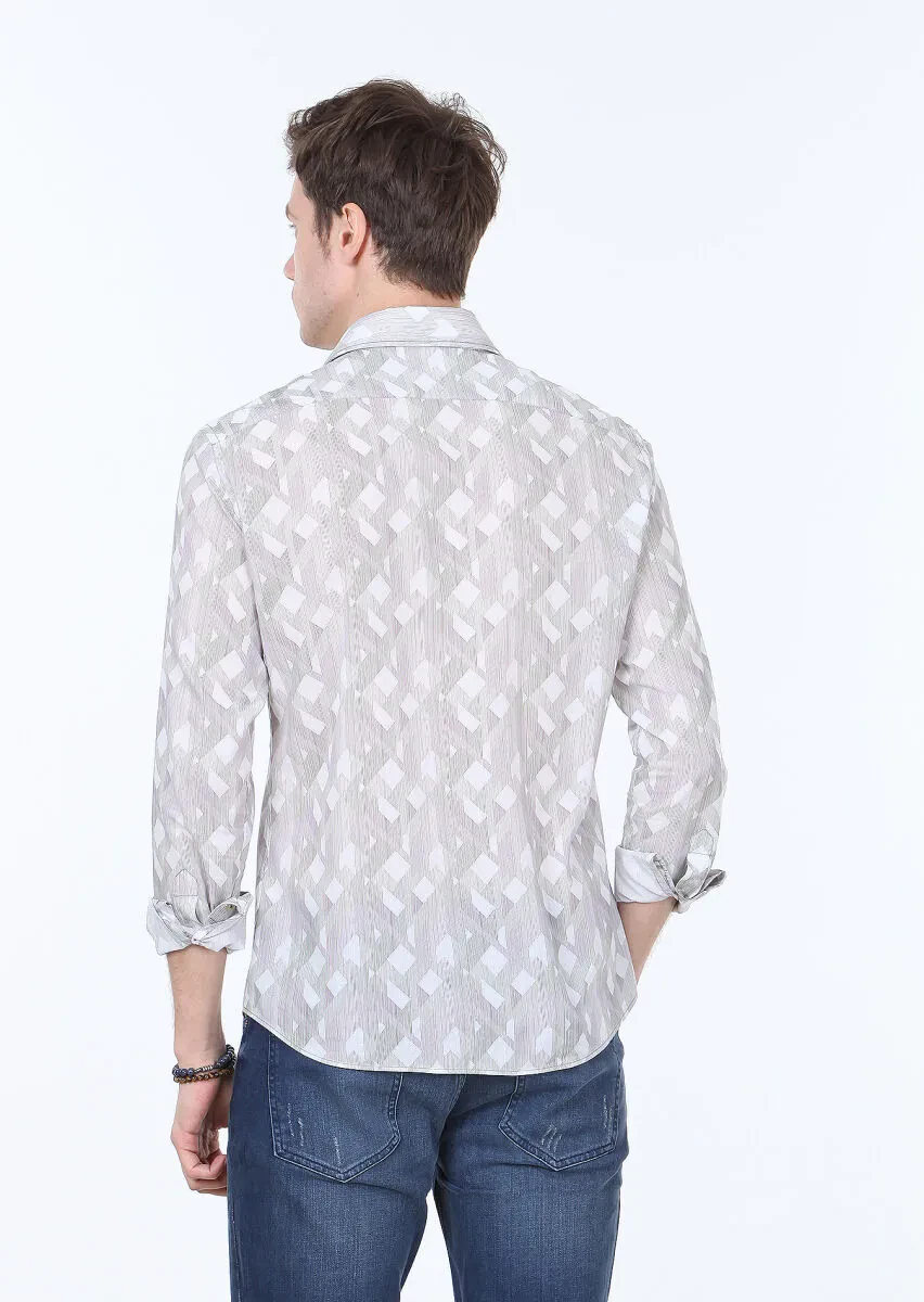 Haki Baskılı Slim Fit Dokuma Casual %100 Pamuk Gömlek - 4