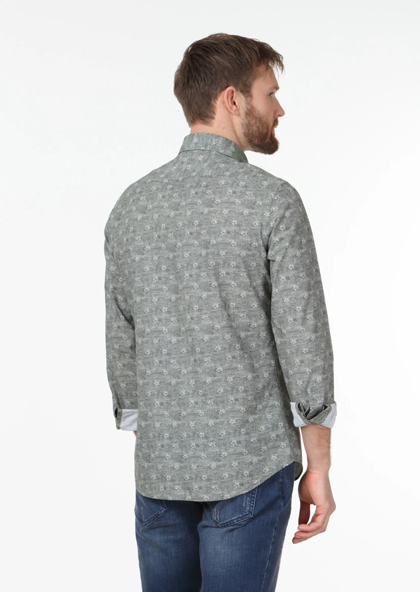 Haki Baskılı Slim Fit Dokuma Casual %100 Pamuk Gömlek - 4