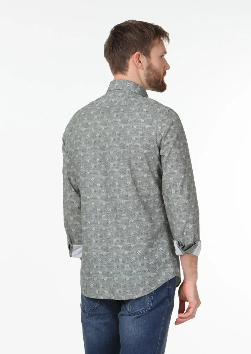 Haki Baskılı Slim Fit Dokuma Casual %100 Pamuk Gömlek - 4