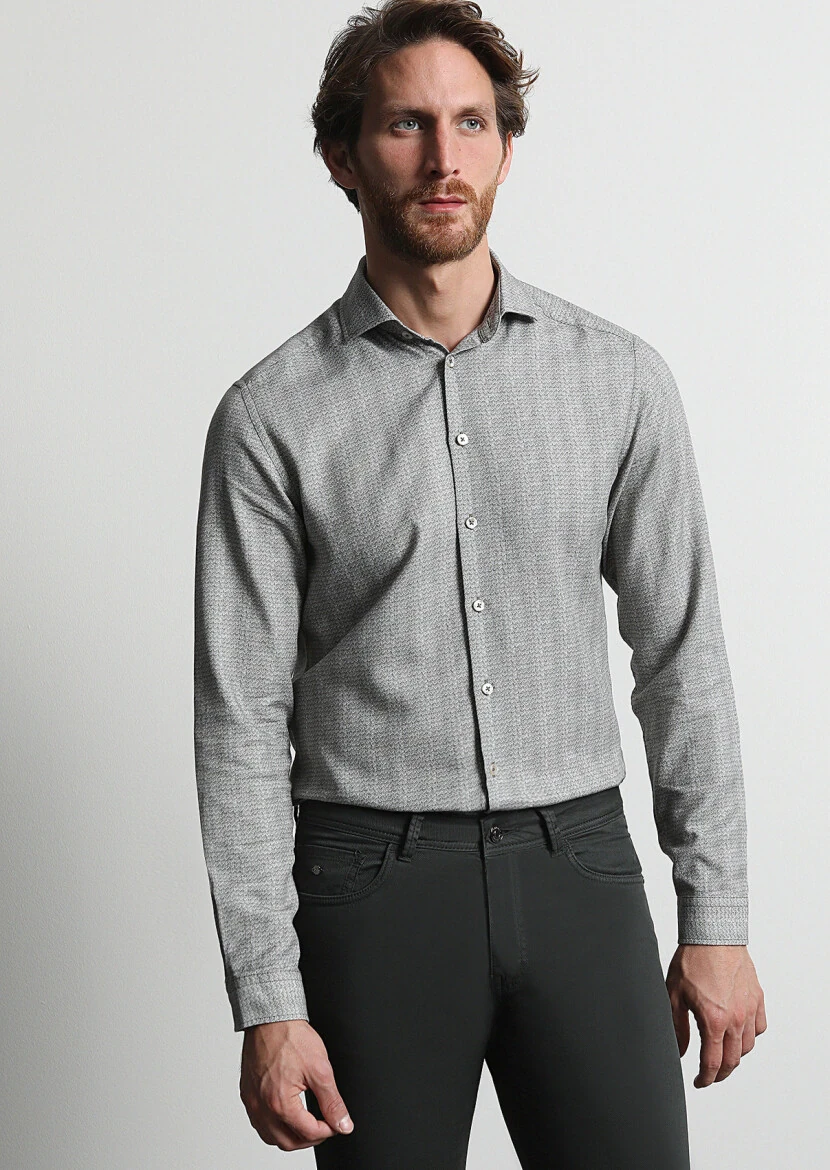 Haki Baskılı Slim Fit Dokuma Casual %100 Pamuk Gömlek - 1