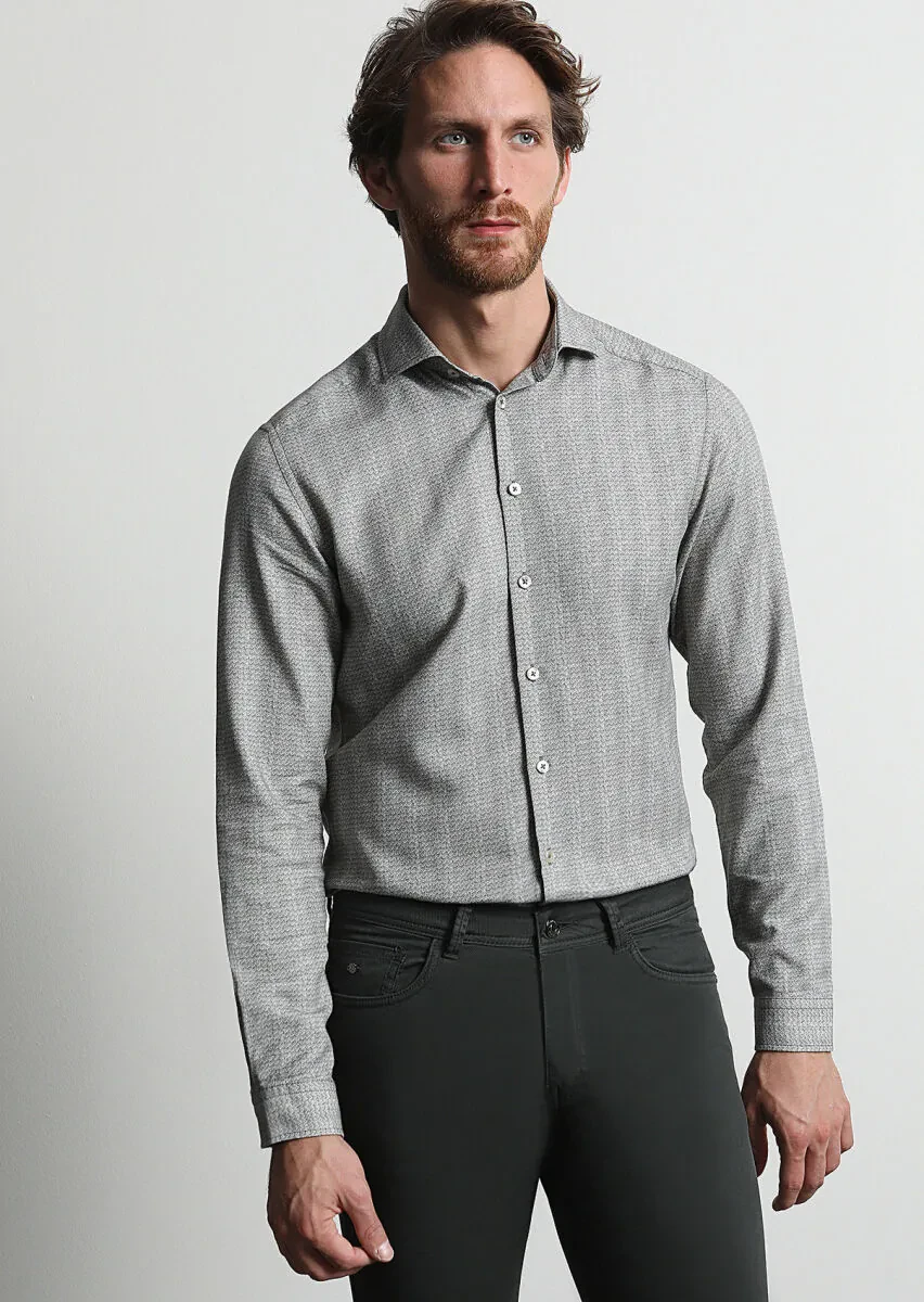 Haki Baskılı Slim Fit Dokuma Casual %100 Pamuk Gömlek - 1