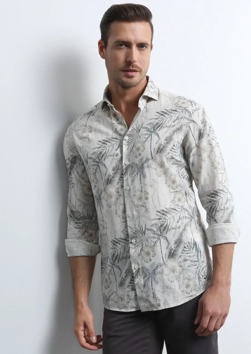 Haki Baskılı Slim Fit Dokuma Casual Pamuk Karışımlı Gömlek - 1