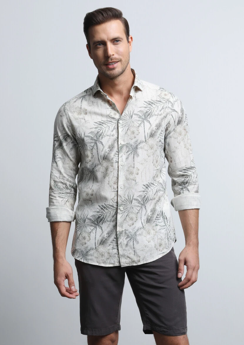 Haki Baskılı Slim Fit Dokuma Casual Pamuk Karışımlı Gömlek - 2