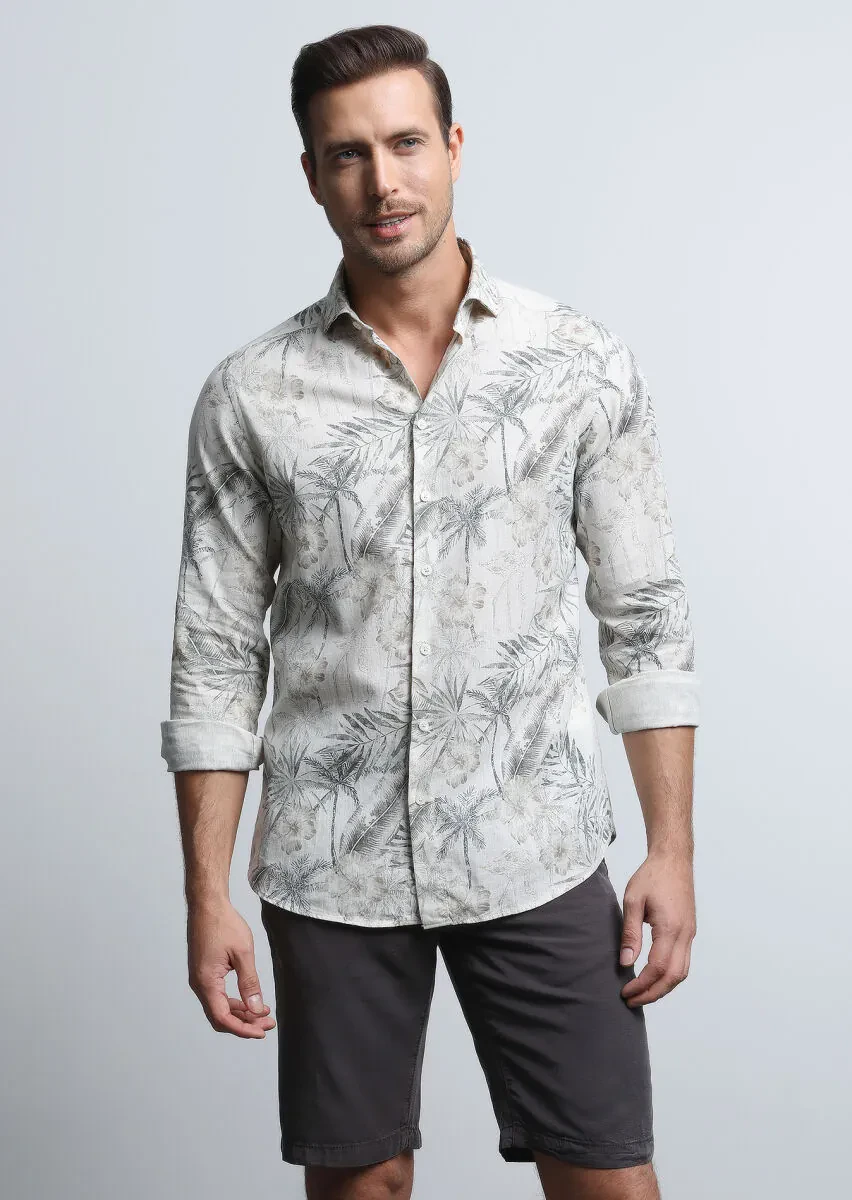 Haki Baskılı Slim Fit Dokuma Casual Pamuk Karışımlı Gömlek - 2