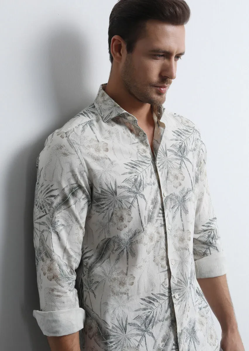 Haki Baskılı Slim Fit Dokuma Casual Pamuk Karışımlı Gömlek - 3