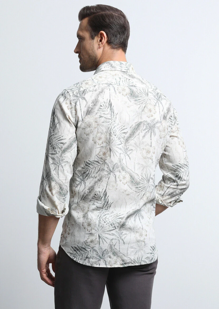 Haki Baskılı Slim Fit Dokuma Casual Pamuk Karışımlı Gömlek - 5