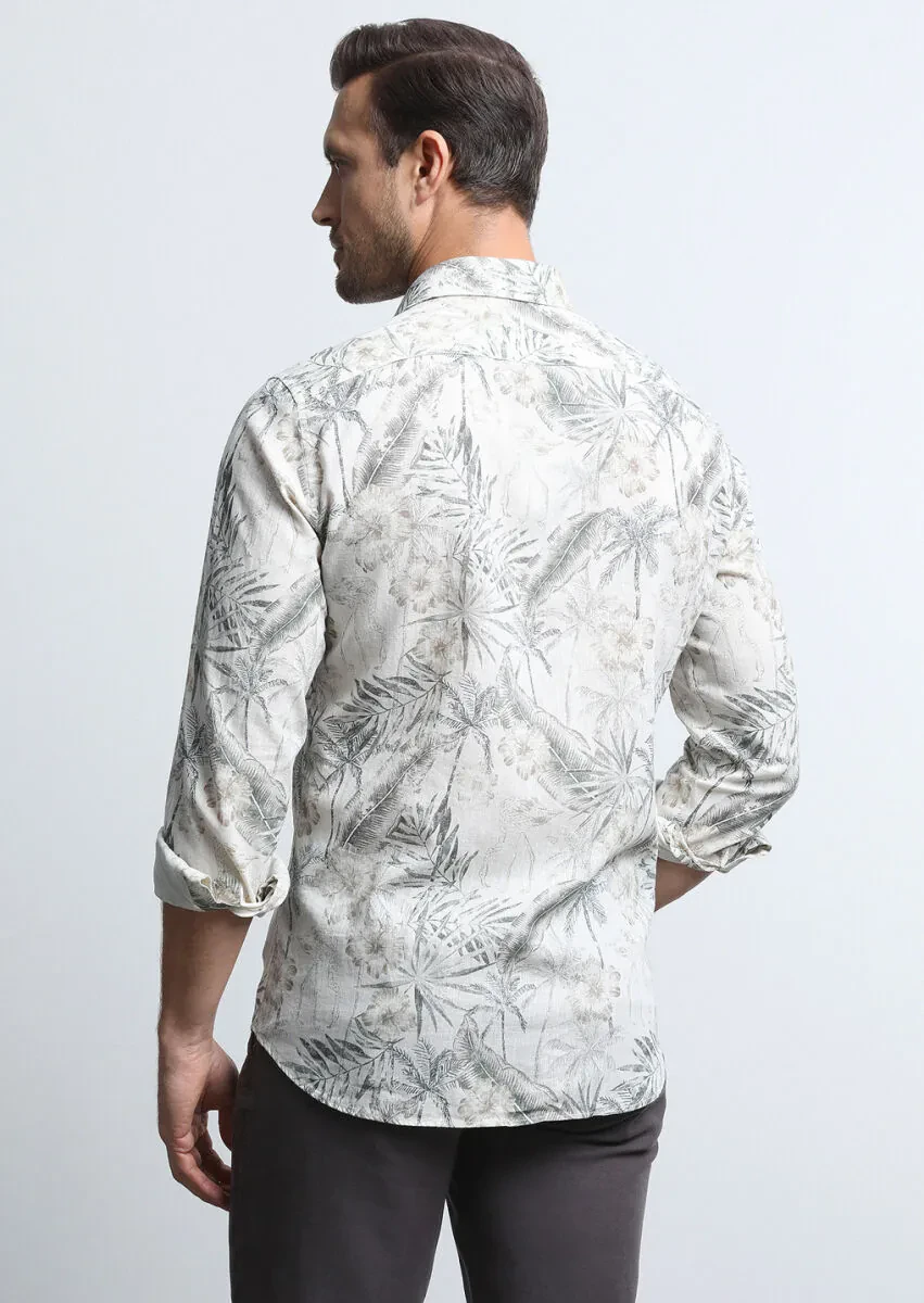 Haki Baskılı Slim Fit Dokuma Casual Pamuk Karışımlı Gömlek - 5