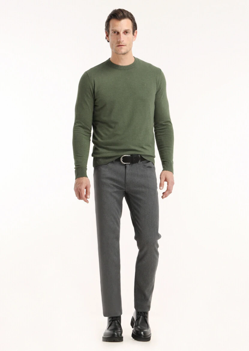 Haki Bisiklet Yaka Düz Örgü Yün Karışımlı Triko Kazak - 1