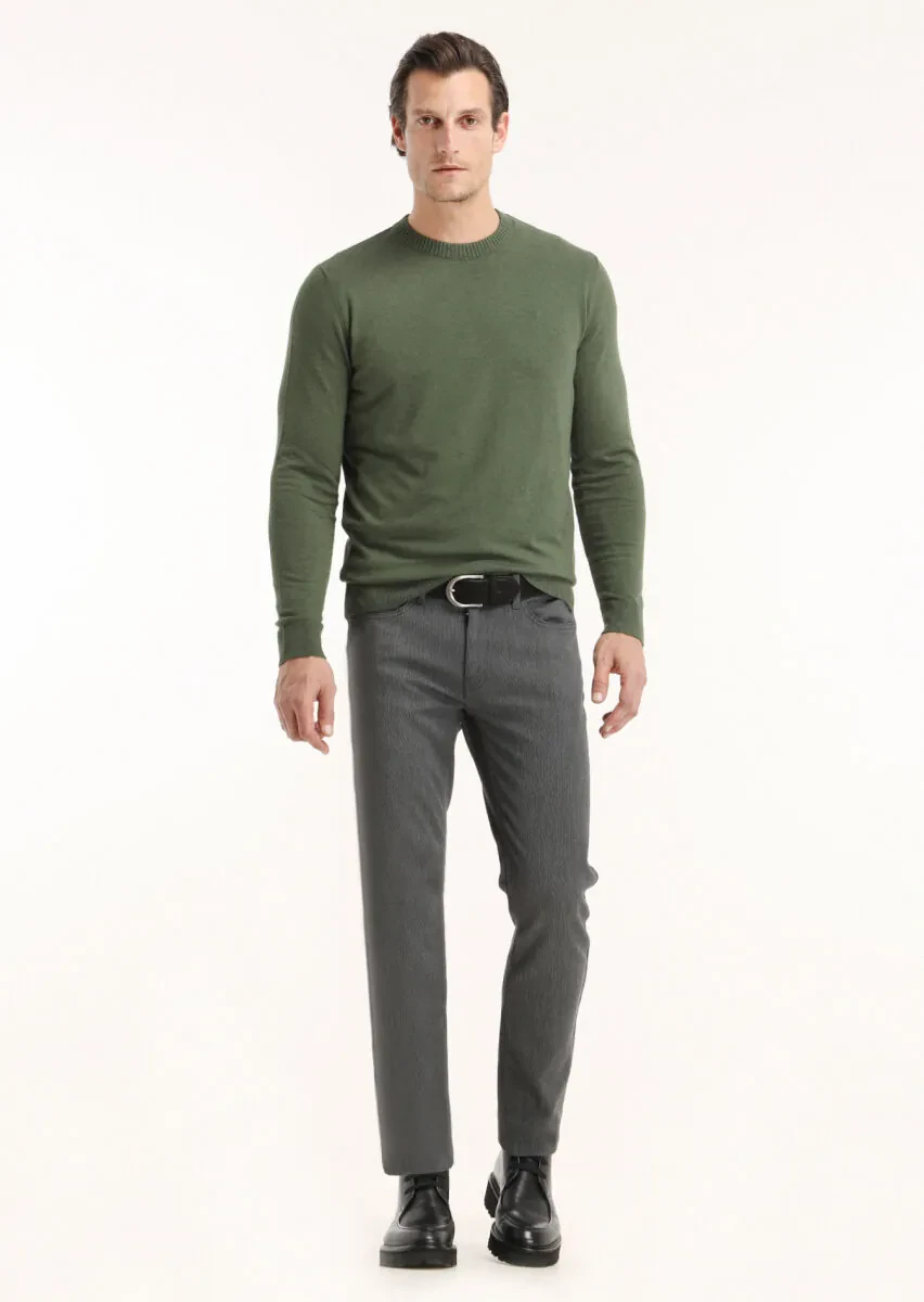 Haki Bisiklet Yaka Düz Örgü Yün Karışımlı Triko Kazak - 1