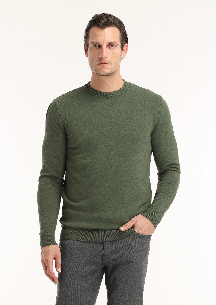 Haki Bisiklet Yaka Düz Örgü Yün Karışımlı Triko Kazak - 2
