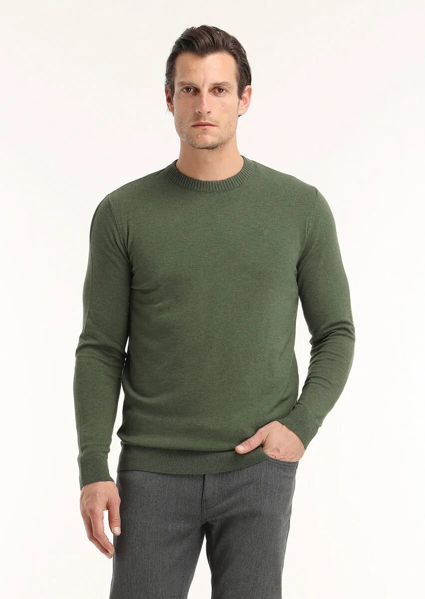 Haki Bisiklet Yaka Düz Örgü Yün Karışımlı Triko Kazak - 2