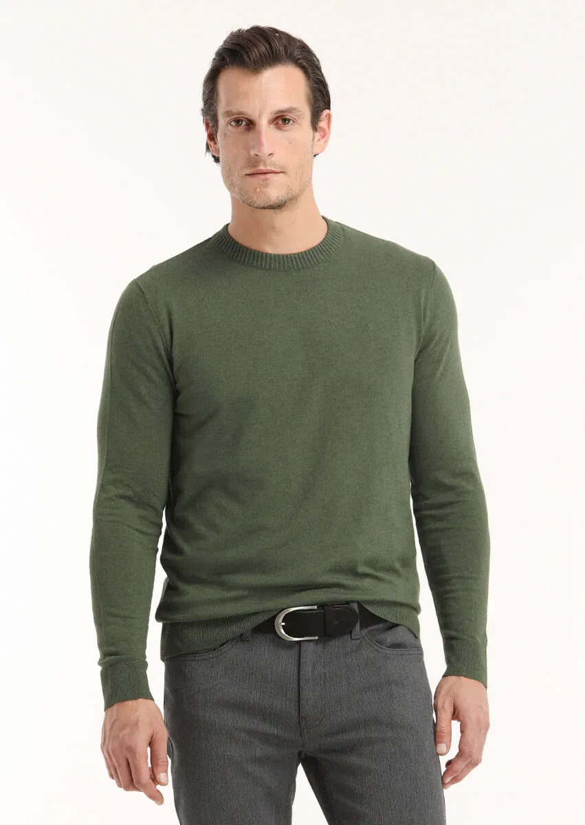 Haki Bisiklet Yaka Düz Örgü Yün Karışımlı Triko Kazak - 3