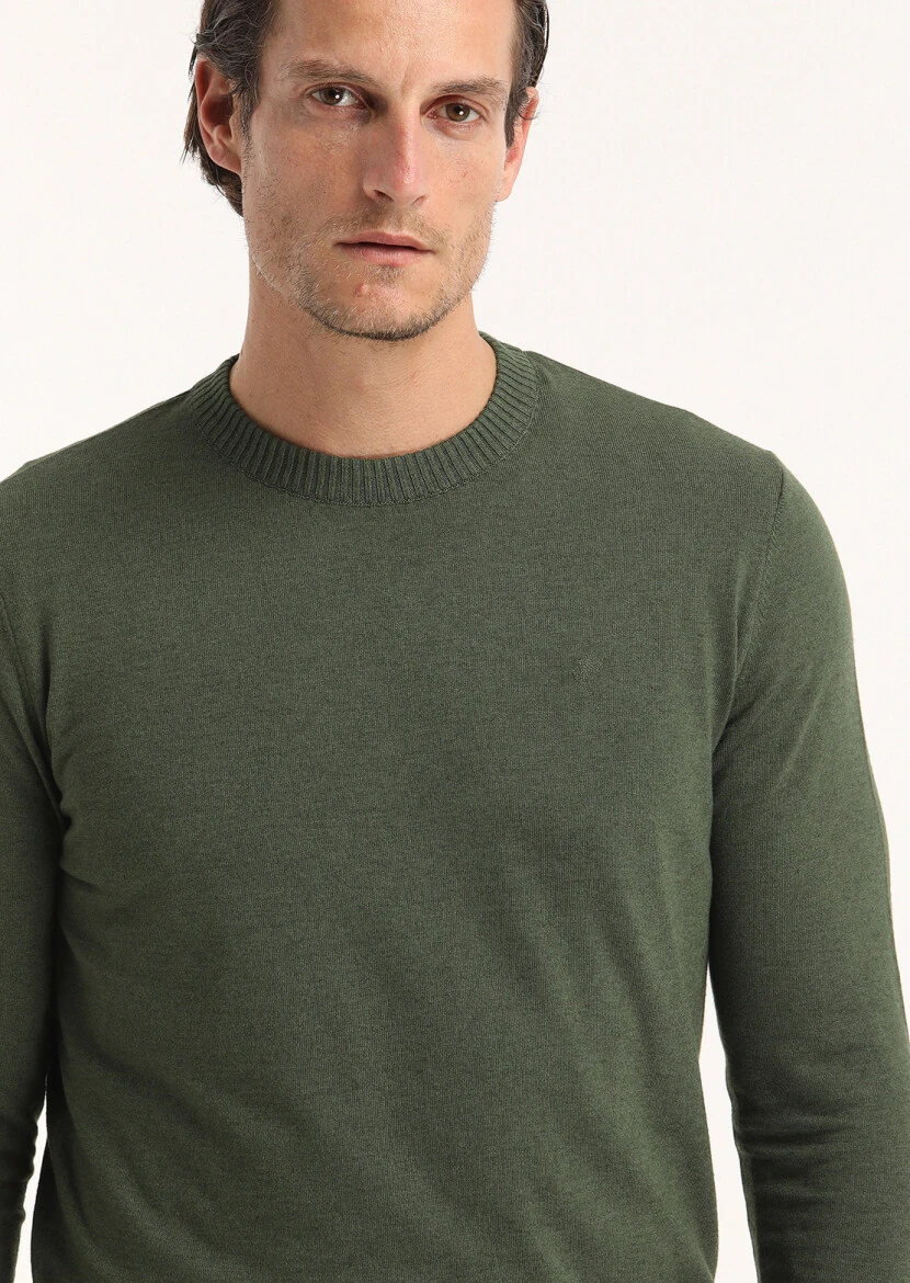 Haki Bisiklet Yaka Düz Örgü Yün Karışımlı Triko Kazak - 4