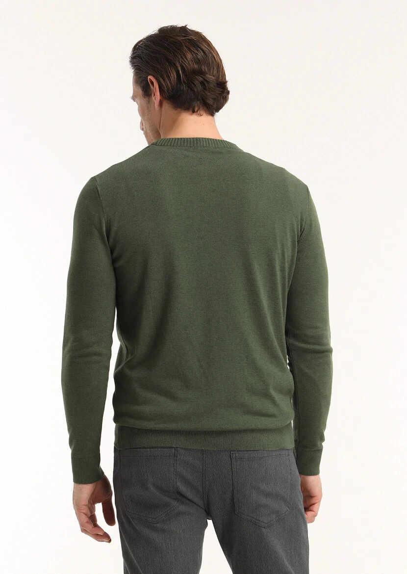 Haki Bisiklet Yaka Düz Örgü Yün Karışımlı Triko Kazak - 5