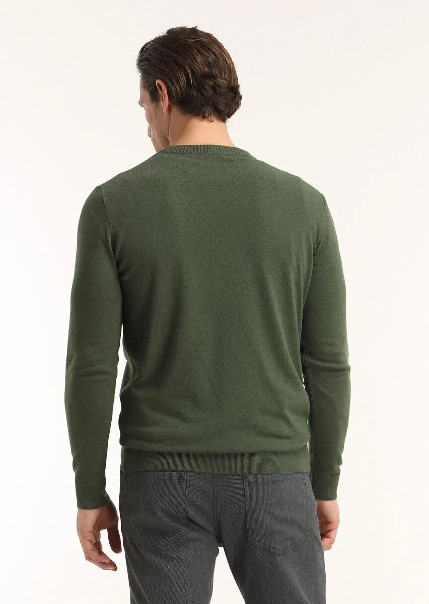 Haki Bisiklet Yaka Düz Örgü Yün Karışımlı Triko Kazak - 5