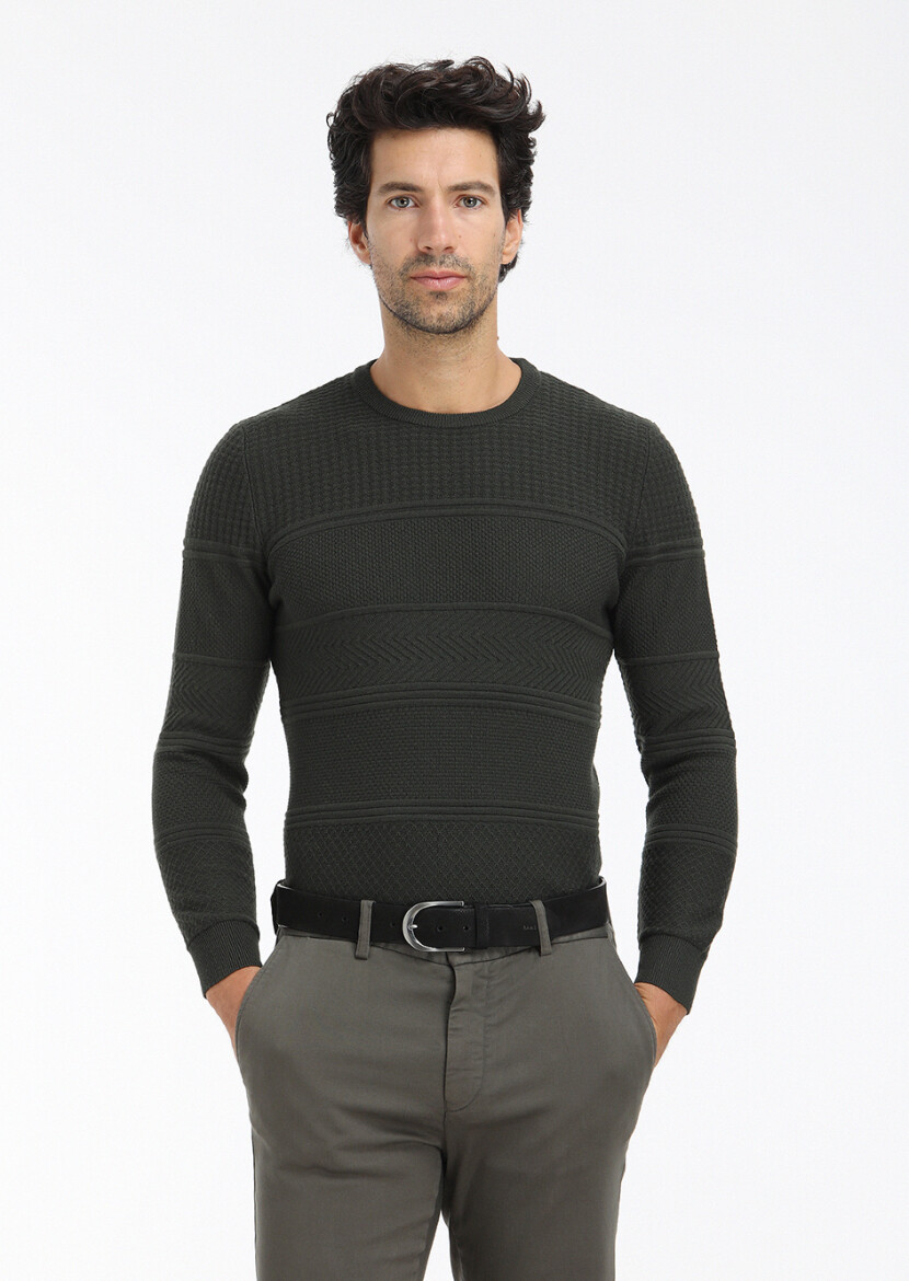 Haki Bisiklet Yaka Jakarlı Yün Karışımlı Triko Kazak 