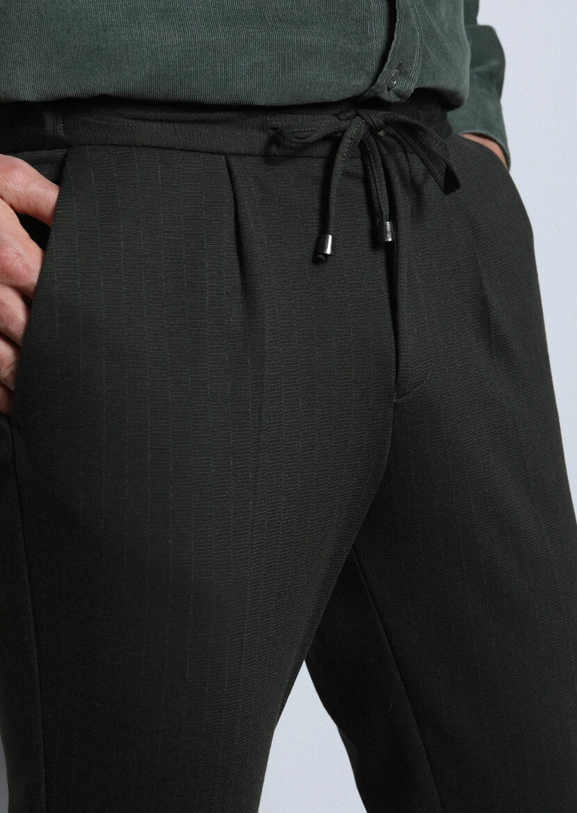 Haki Çizgili Örme Jogging Fit Casual Pantolon - 2