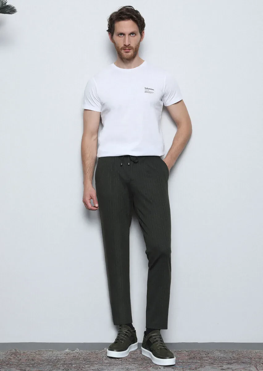 Haki Çizgili Örme Jogging Fit Casual Pantolon - 4