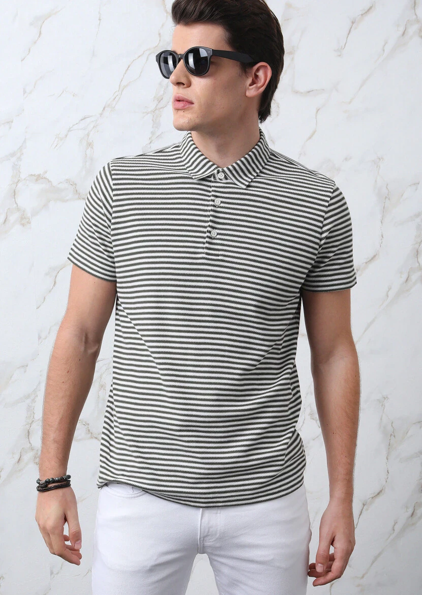 Haki Çizgili Polo Yaka %100 Pamuk T-Shirt 