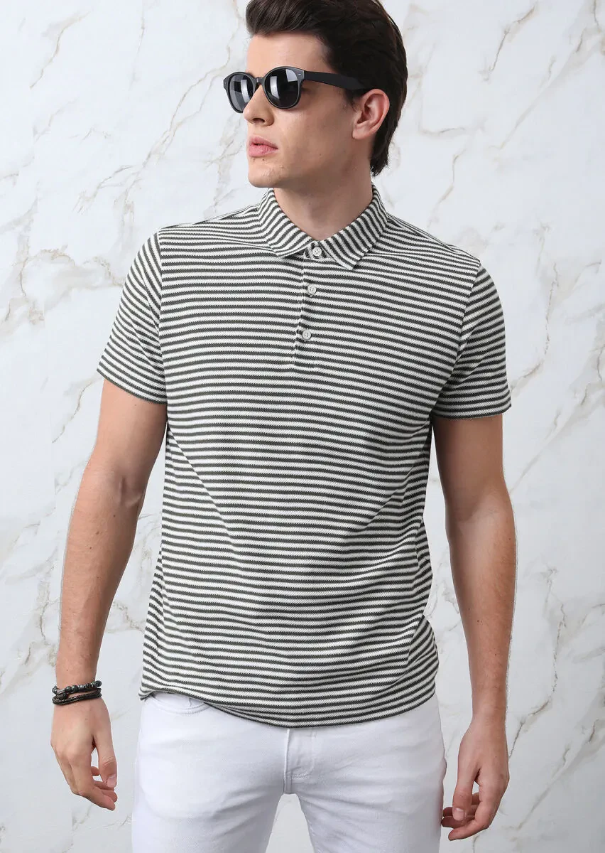 Haki Çizgili Polo Yaka %100 Pamuk T-Shirt - 2