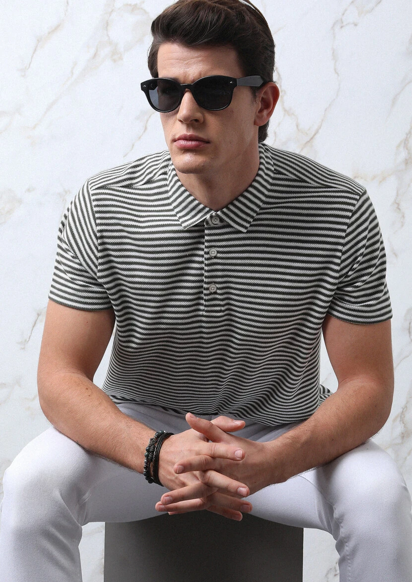 Haki Çizgili Polo Yaka %100 Pamuk T-Shirt - 4