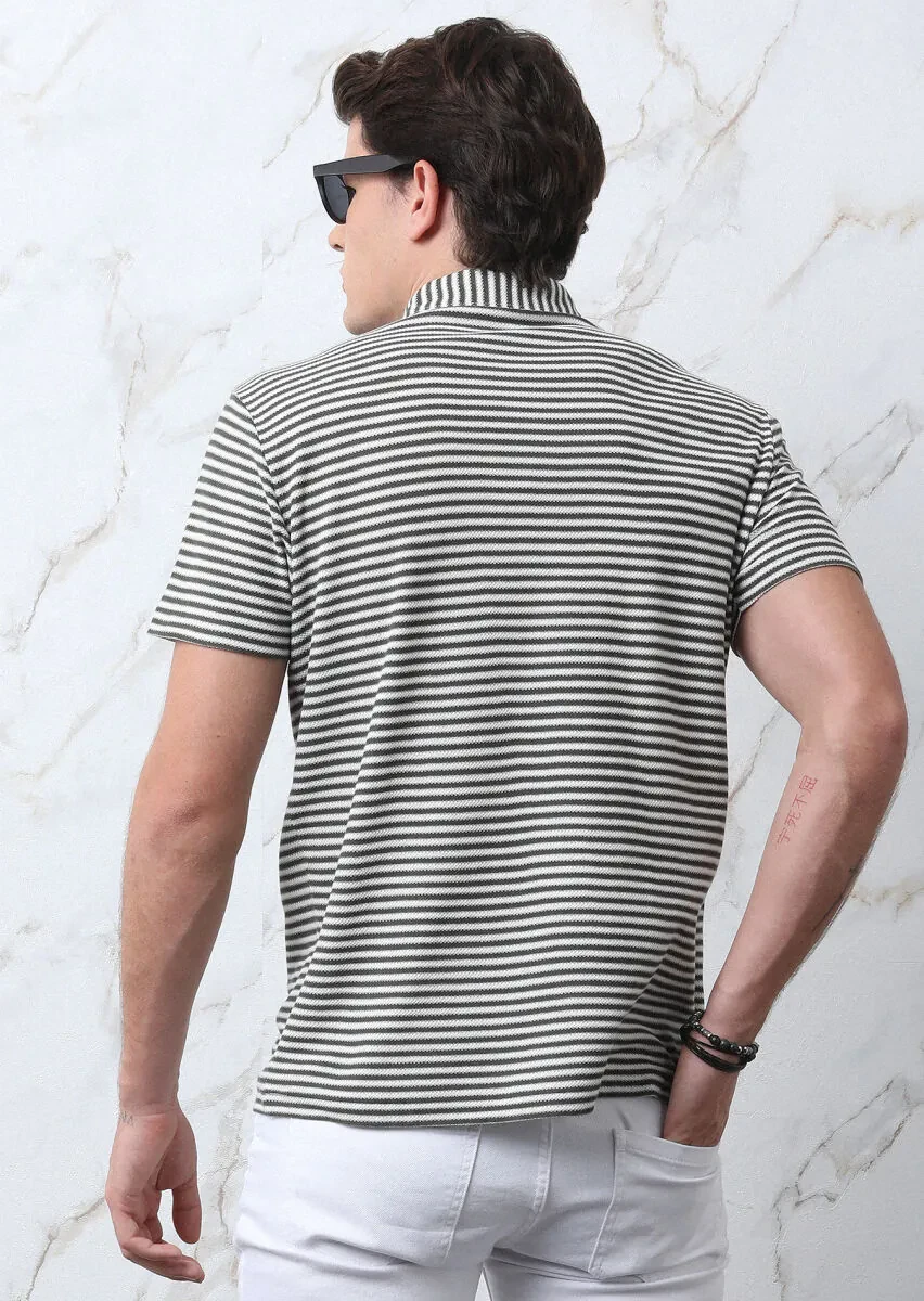 Haki Çizgili Polo Yaka %100 Pamuk T-Shirt - 5